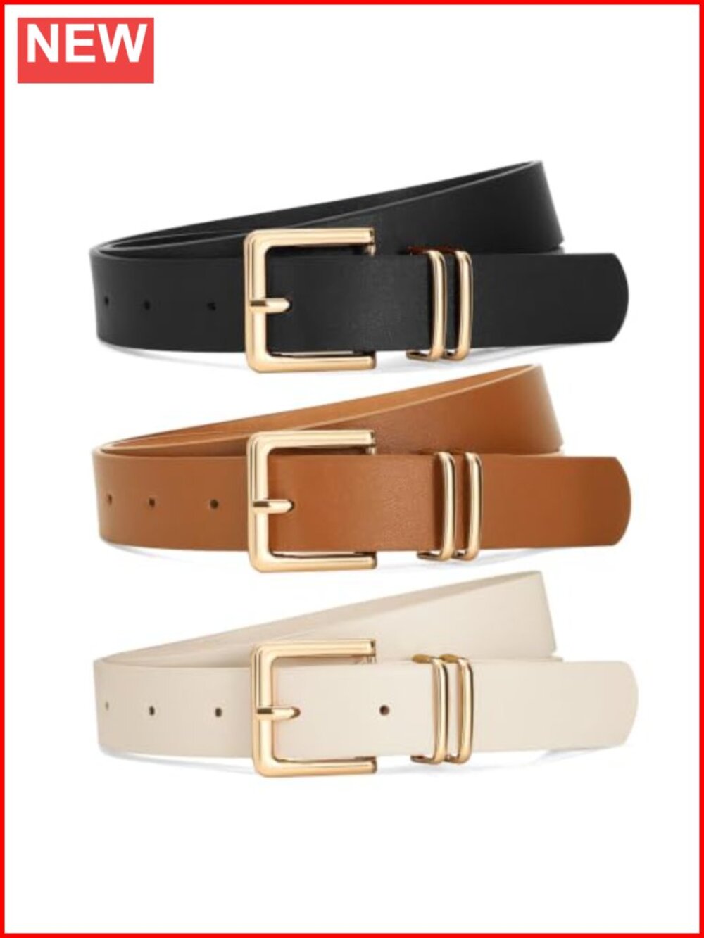 3 Pack Women Faux Leather Belts Gold Square Buckle Waist Jeans Dress